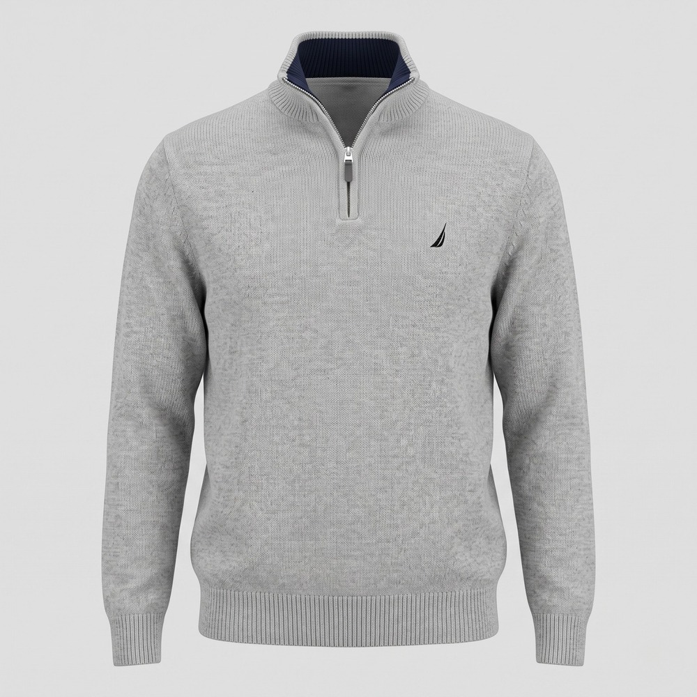 Nautica Mens Large Gray Sweater Quarter Zip Pullover J-Class Logo Cotton Knit
